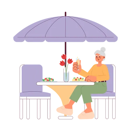 Mulher sênior comendo um jantar chique  Ilustração