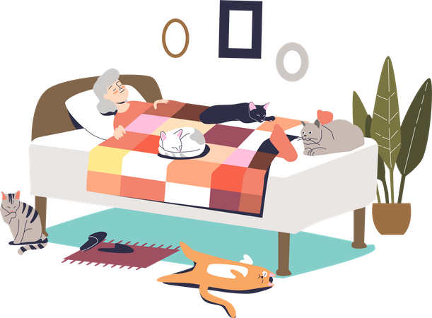 Mulher sênior dormindo na cama  Ilustração