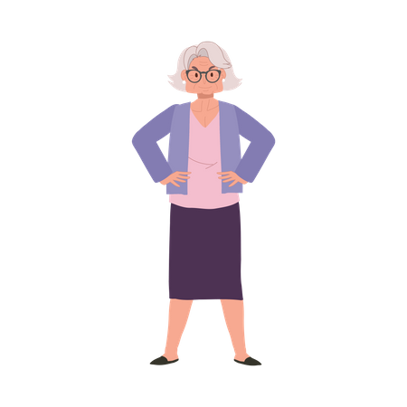 Mulher idosa em pé com as mãos na cintura  Ilustração