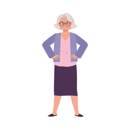 Mulher idosa em pé com as mãos na cintura  Ilustração