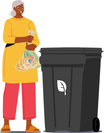 Mulher idosa jogando lixo na lata de lixo  Ilustração