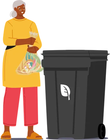 Mulher idosa jogando lixo na lata de lixo  Ilustração