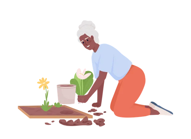 Mulher sênior plantando flores no jardim da frente  Ilustração