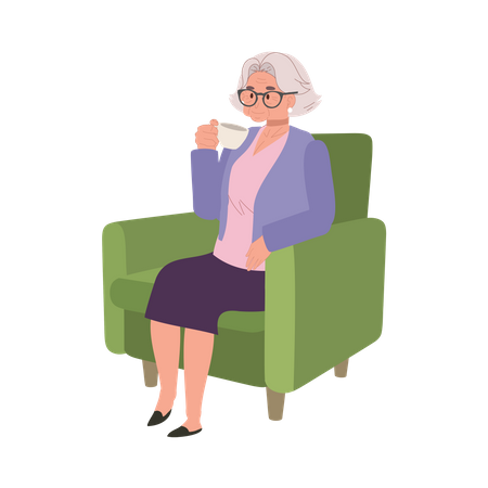 Mulher sênior relaxando e aproveitando a hora do chá tranquila no sofá  Ilustração
