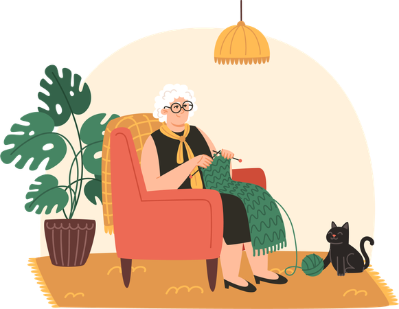 Mulher idosa senta-se em uma poltrona e tricota um cachecol em um quarto aconchegante  Ilustração