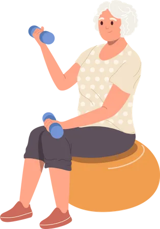 Mulher sênior sentada em uma bola de fitness para treinar usando halteres  Ilustração