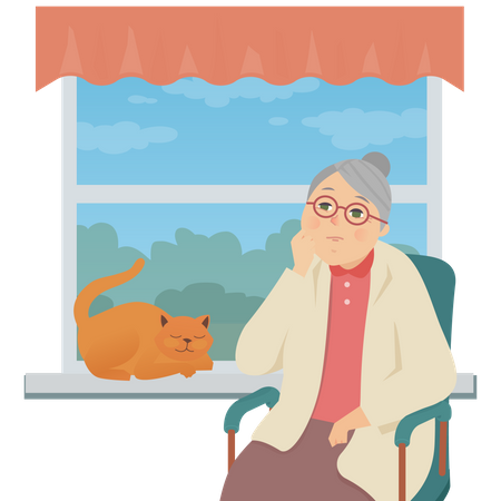 Mulher idosa sentada perto da janela  Ilustração