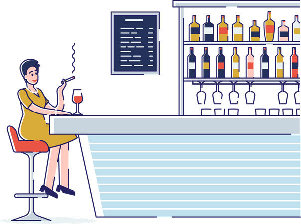 Mulher sentada no balcão do bar e se divertindo fumando e bebendo álcool, se divertindo  Ilustração