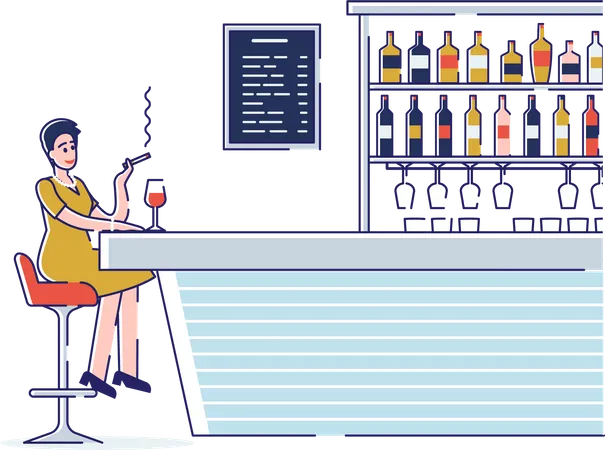 Mulher sentada no balcão do bar e se divertindo fumando e bebendo álcool, se divertindo  Ilustração
