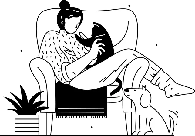 Mulher sentada com seus animais de estimação  Ilustração