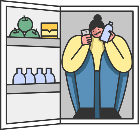Mulher sentada dentro da geladeira devido à temperatura quente do verão  Ilustração