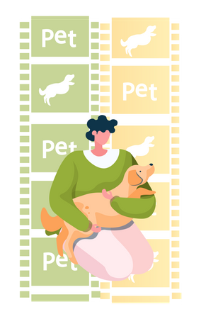 Mulher sentada e segurando um cachorro de estimação nas mãos  Ilustração