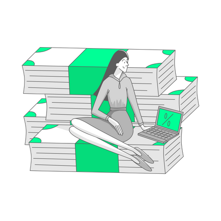 Mulher sentada sobre pilhas de notas  Ilustração