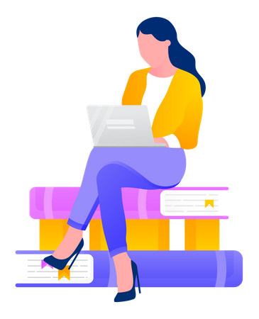 Mulher sentada em pilhas e estudando no laptop  Ilustração