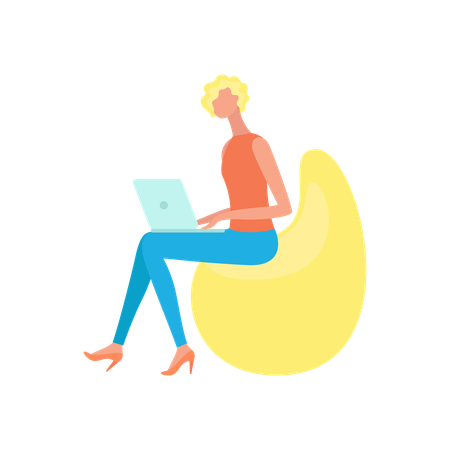 Mulher sentada na cadeira de feijão e trabalhando no laptop  Illustration