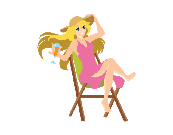 Mulher sentada na cadeira de praia  Ilustração
