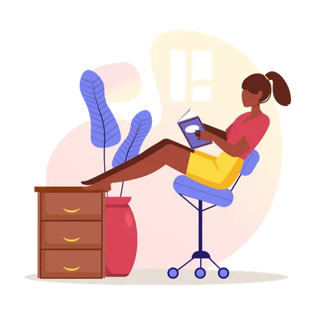 Mulher sentada na cadeira de rolamento e lendo um livro  Ilustração