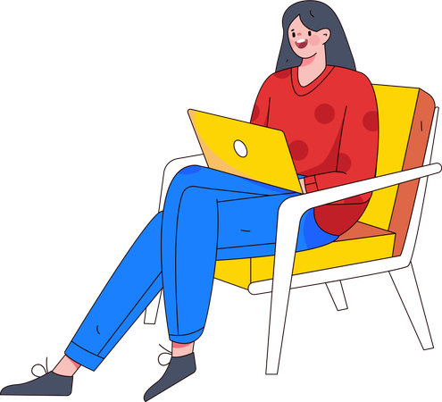 Mulher sentada na cadeira e trabalhando no laptop  Ilustração