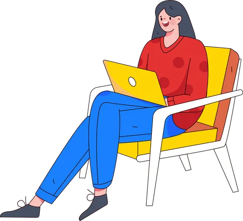 Mulher sentada na cadeira e trabalhando no laptop  Ilustração