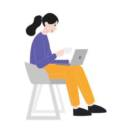 Mulher sentada na cadeira e usando laptop  Ilustração
