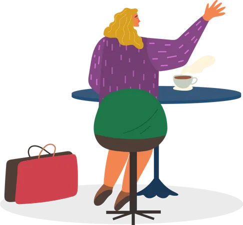 Mulher Sentada Em Uma Cafeteria E Bebendo Café  Ilustração