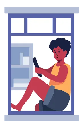 Mulher sentada na janela e usando celular  Ilustração