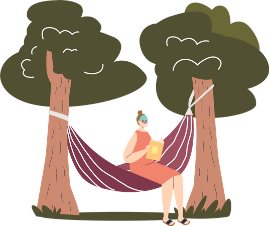 Mulher sentada na rede e lendo livro ao ar livre no jardim  Ilustração