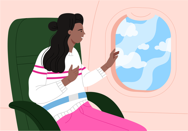 Mulher sentada no avião no assento da janela  Ilustração