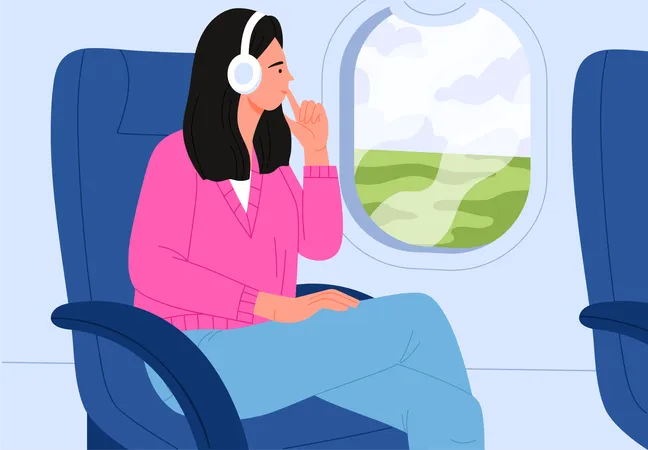 Mulher sentada no avião no assento da janela  Ilustração