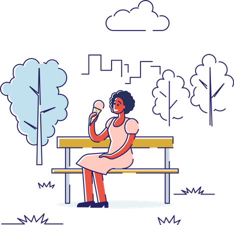Mulher sentada no banco do parque e tomando sorvete de casquinha  Ilustração