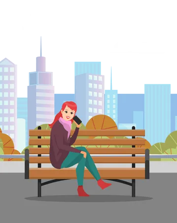 Mulher sentada no banco e falando ao telefone  Ilustração