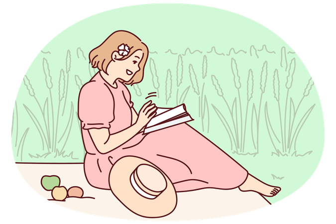 Mulher sentada no campo lendo livro  Ilustração
