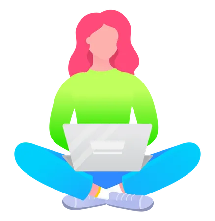 Mulher Sentada No Chão Com Um Laptop  Ilustração