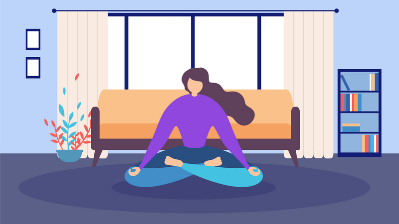 Mulher Sentada no chão e Olhos Fechados fazendo Meditação em Casa  Ilustração