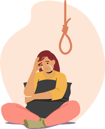 Mulher sentada no chão pensando em suicídio  Ilustração