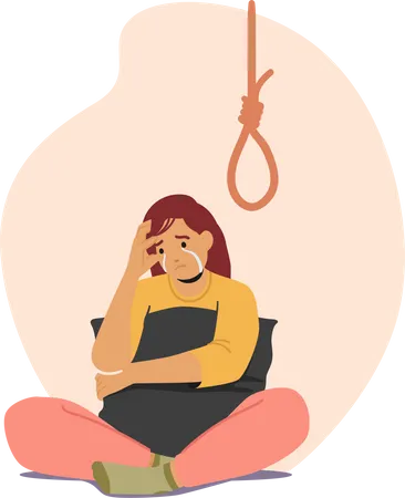 Mulher sentada no chão pensando em suicídio  Ilustração