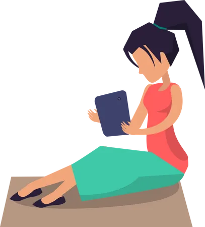 Mulher sentada em um cobertor no gramado e trabalhando com laptop  Ilustração
