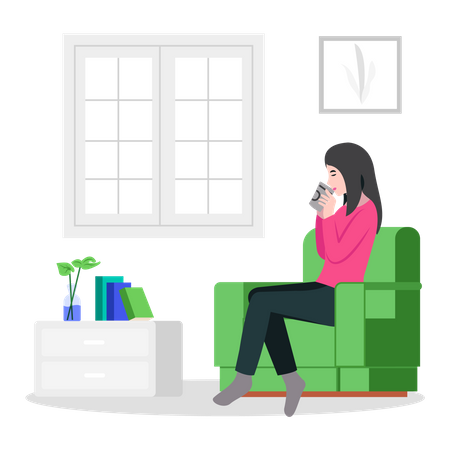 Mulher sentada no sofá tomando café  Ilustração