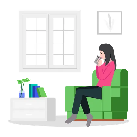 Mulher sentada no sofá tomando café  Ilustração