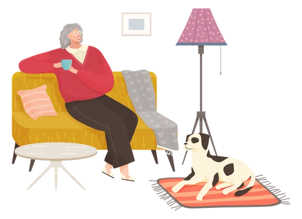 Mulher sentada no sofá e tomando café  Ilustração