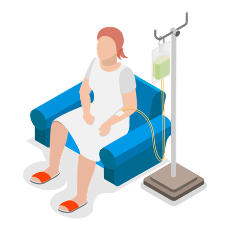 Mulher sentada no sofá enquanto faz tratamento médico  Ilustração