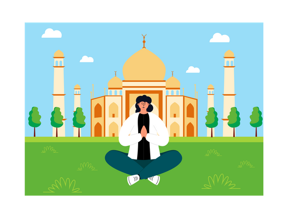 Mulher sentada no Taj Mahal  Ilustração