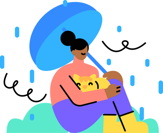A mulher senta-se sob o guarda-chuva durante a chuva  Ilustração