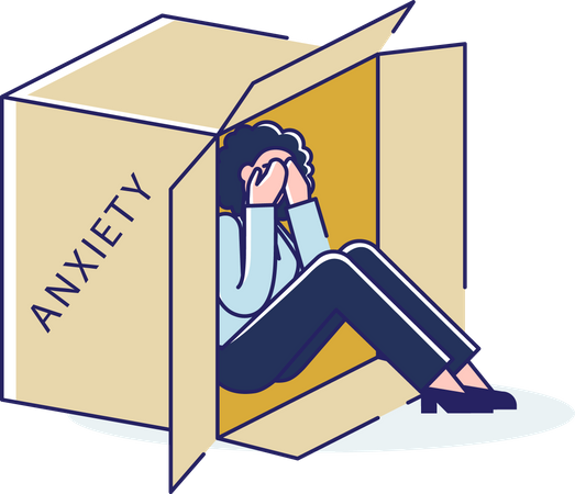 Mulher sentindo ansiedade e se escondendo dentro de uma caixa  Ilustração