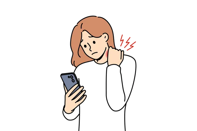 Mulher sentindo dor nas costas ao usar celular  Ilustração