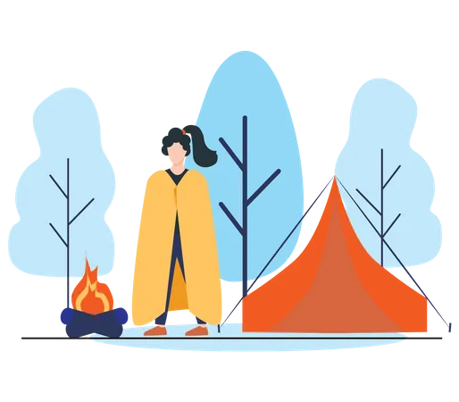 Mulher sentindo frio durante o acampamento  Ilustração