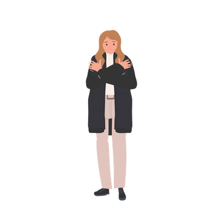 Mulher sentindo frio em roupas de inverno tremendo com expressão triste  Ilustração