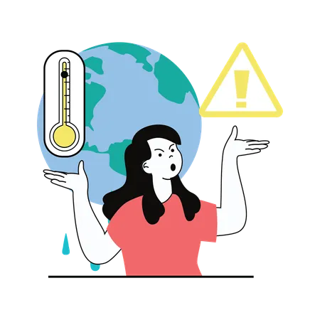 Mulher se sentindo irritada com o aumento da temperatura global  Ilustração