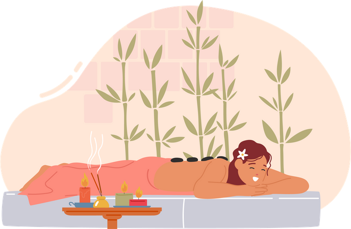 Mulher serena deitada com pedras nas costas em um salão de spa durante um tratamento calmante  Ilustração