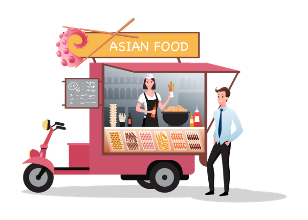 Mulher servindo comida asiática em caminhão  Ilustração